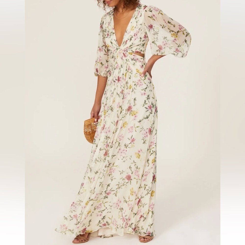 ML Monique Lhuillier Floral Print Pleated Chiffon Puff Sleeve Cutout Maxi Gown 2